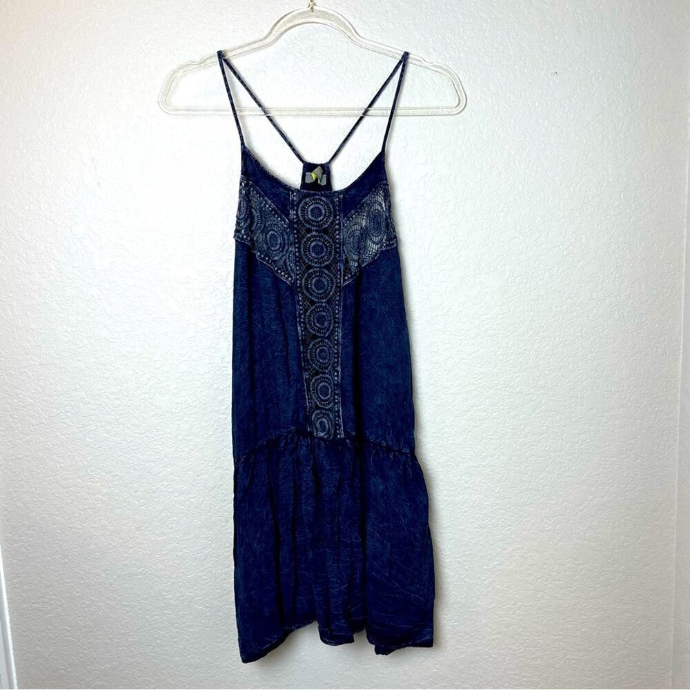 FINN & CLOVER Navy Blue Washed Boho Drop Waist Dress w/Lace Panel Size L